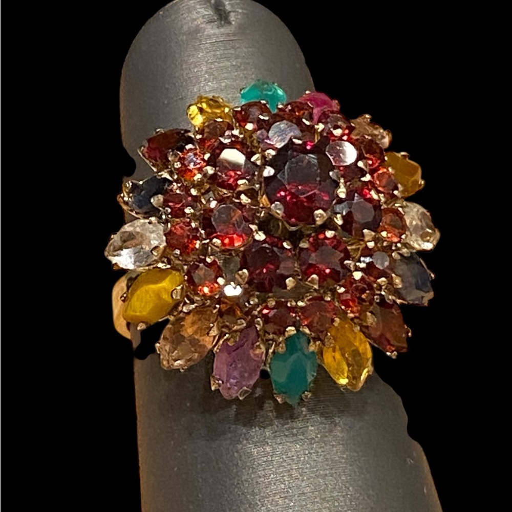 14K Yellow Gold Antique - Garnet - Cluster Cocktail Ring - Picture 6 of 8